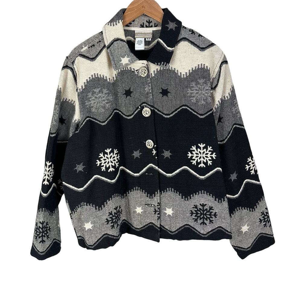 Coldwater Creek Black White Woven Tapestry Jacket Blazer Winter Snowflake XL